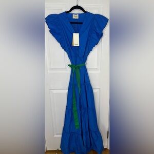Dixie Blue V-Neck Maxi Sundress with Flutter Cap Sleeves